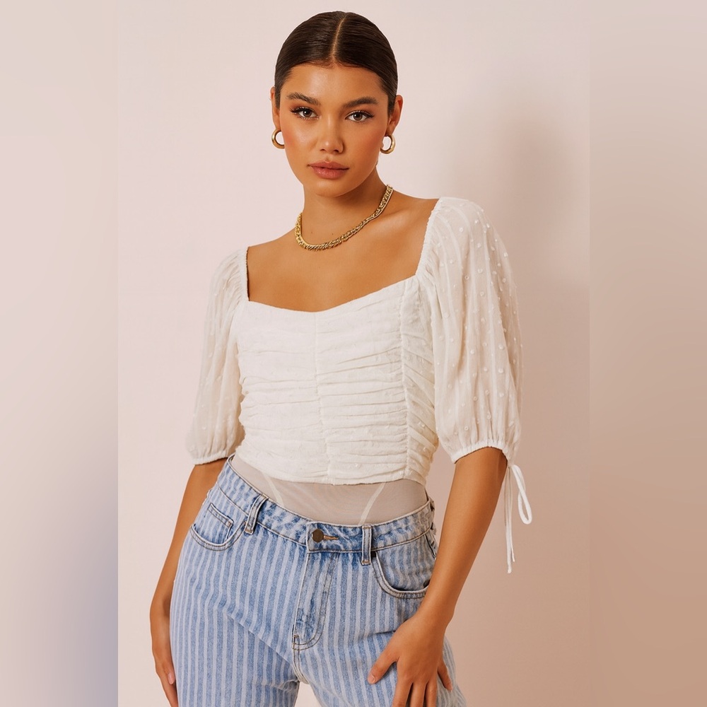 Lulu's White Ruched Body Suit with Puff Sheer Sleeves Size Medium